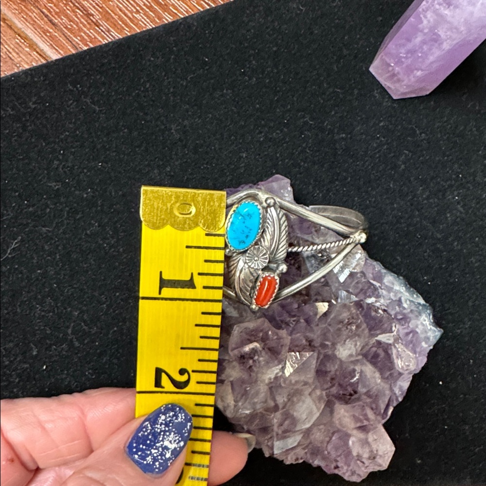 Jane Popovich Vintage Native American Sterling, Turquoise, Coral Cuff Bracelet - Picture 13 of 15
